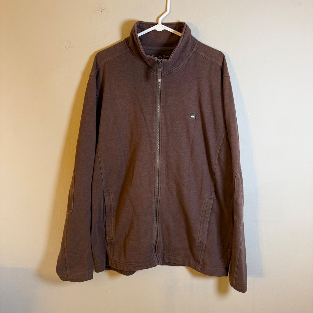 Quiksilver Mens XL Brown Full Zip Track Jacket Mock Neck Elbow Pads Cotton Blend